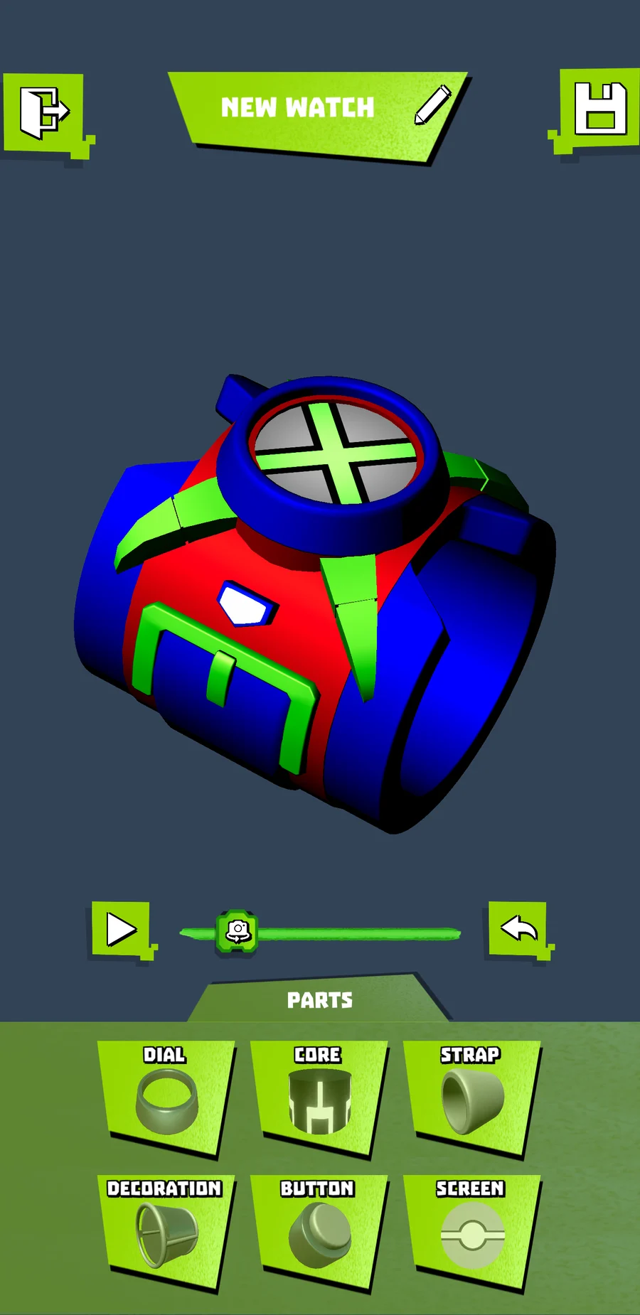 Omni-Lab 3D build screen: a blue, red and green Omnitrix watch above the dial, core, strap, decoration, button and screen part menu