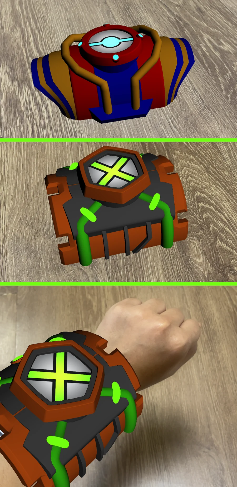 Omni-Lab 3D AR Mode: two custom Omnitrix watches on a wooden floor and one worn on a real wrist