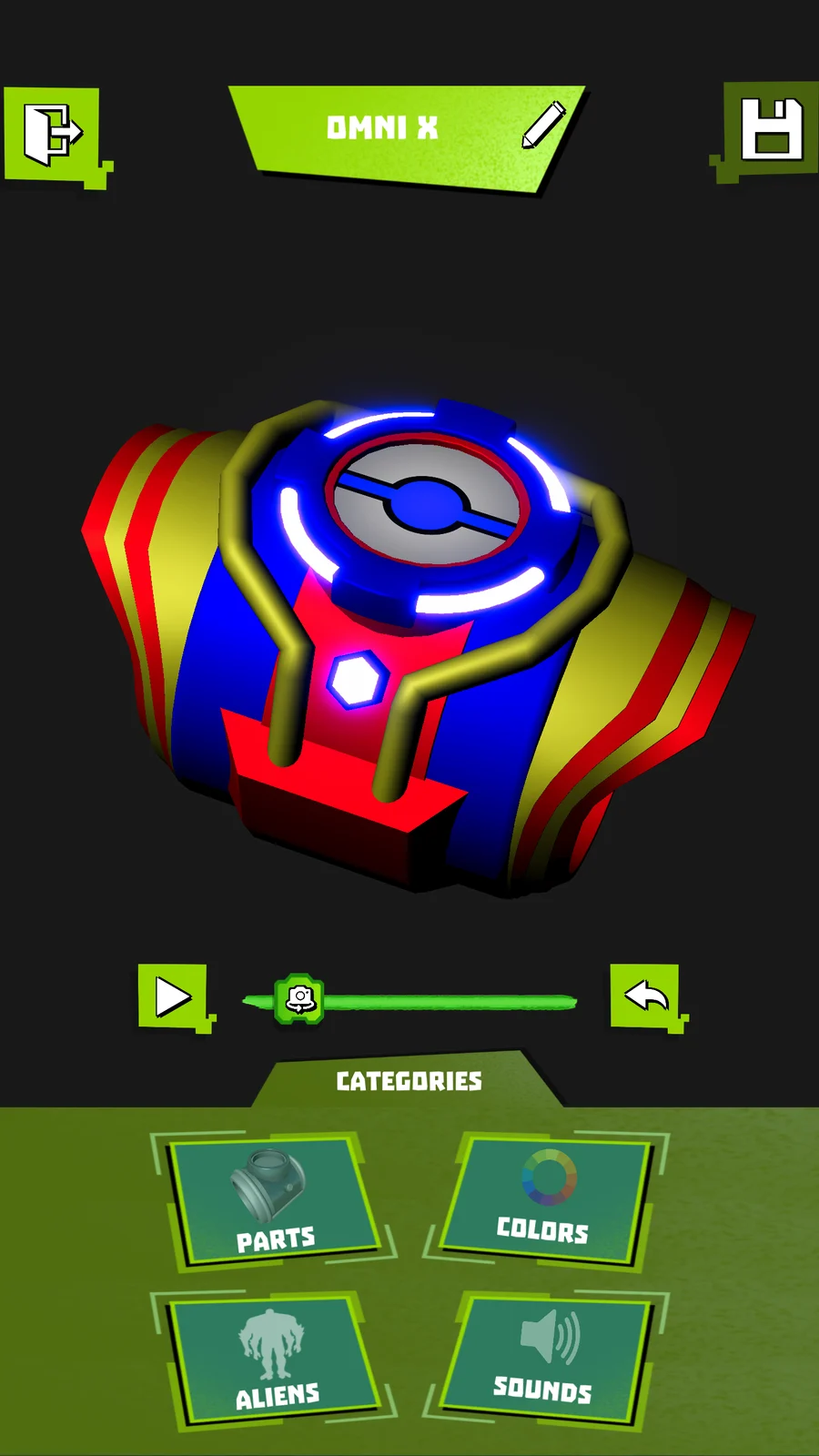 Omni-Lab 3D editor: a glowing blue Omnitrix watch above the parts, colours, aliens and sounds categories