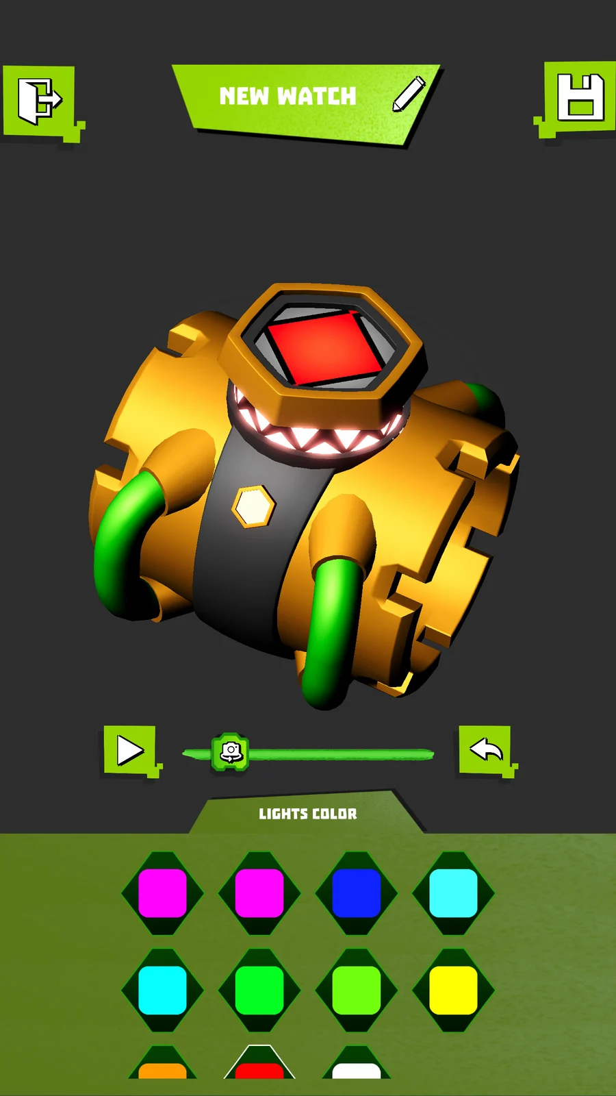 Omni-Lab 3D lights colour screen: a gold Omnitrix watch with a glowing red dial above a palette of light colours