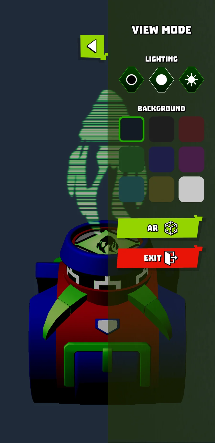 Omni-Lab 3D view mode: an Omnitrix watch projecting a green alien hologram, with lighting and background options